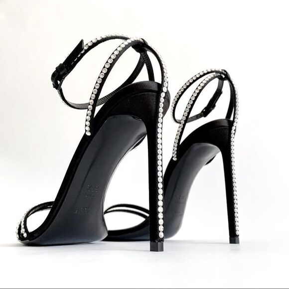 ⭕️ YSL SAINT LAURENT Sandals Crystals Black Robin Heels Designer Shoes - Picture 9 of 10